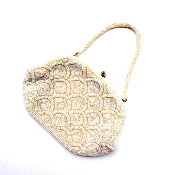 Vintage VTG Beaded Ivory Clutch Evening Handbag - Picture 3 of 8